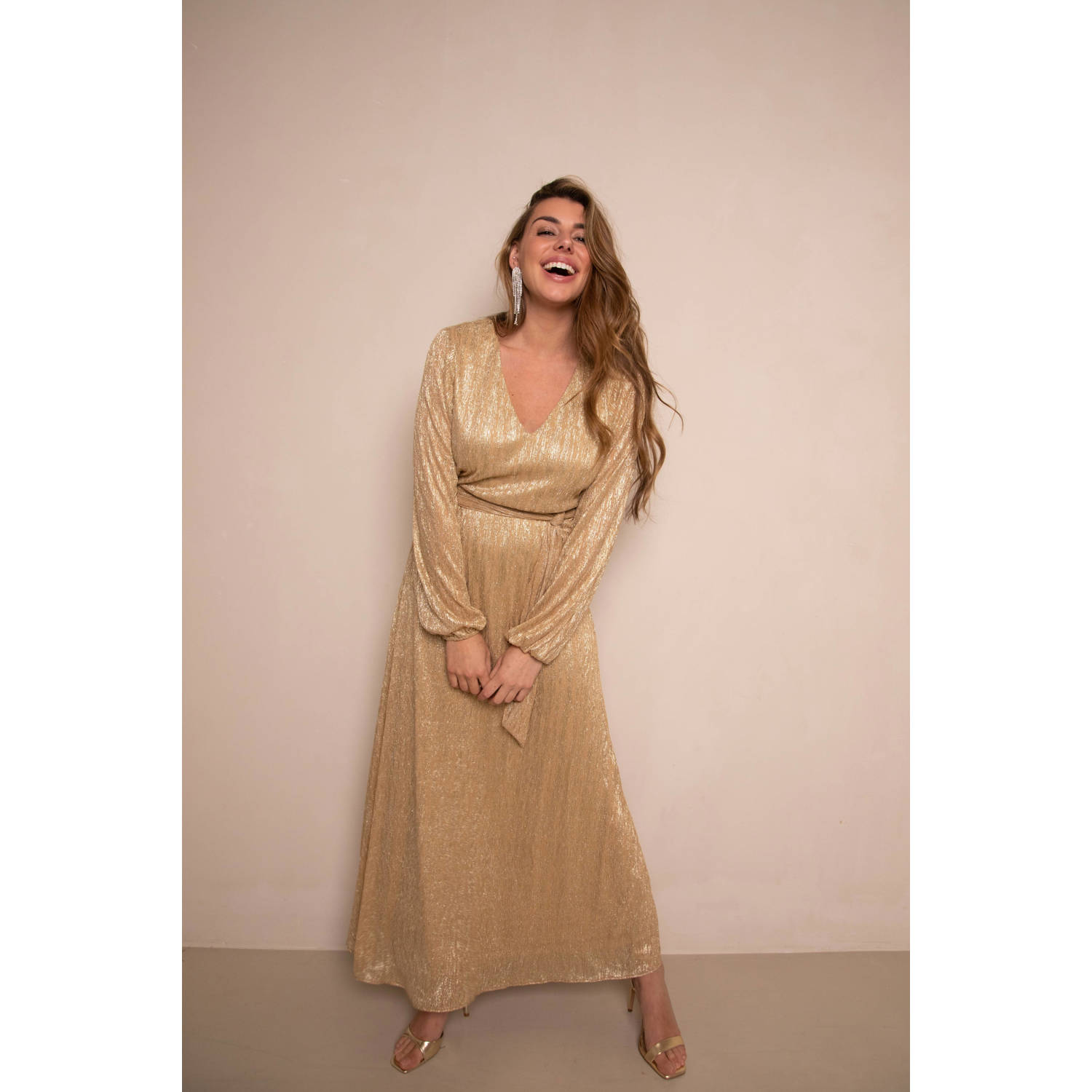 Freebird midi jurk met lurex goud