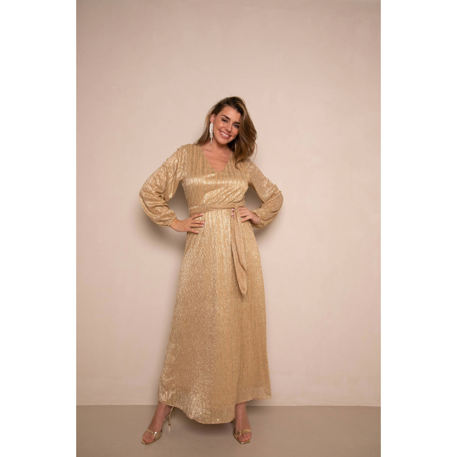 Freebird midi jurk met lurex goud