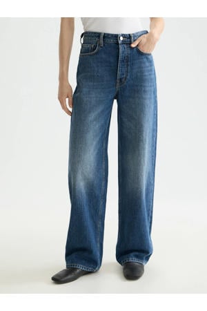 high waist straight leg jeans medium blue denim