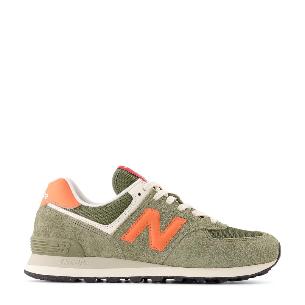Olijfgroen en oranje unisex New Balance sneakers van mesh-suède/voering: mesh/voetbed: eva met veters