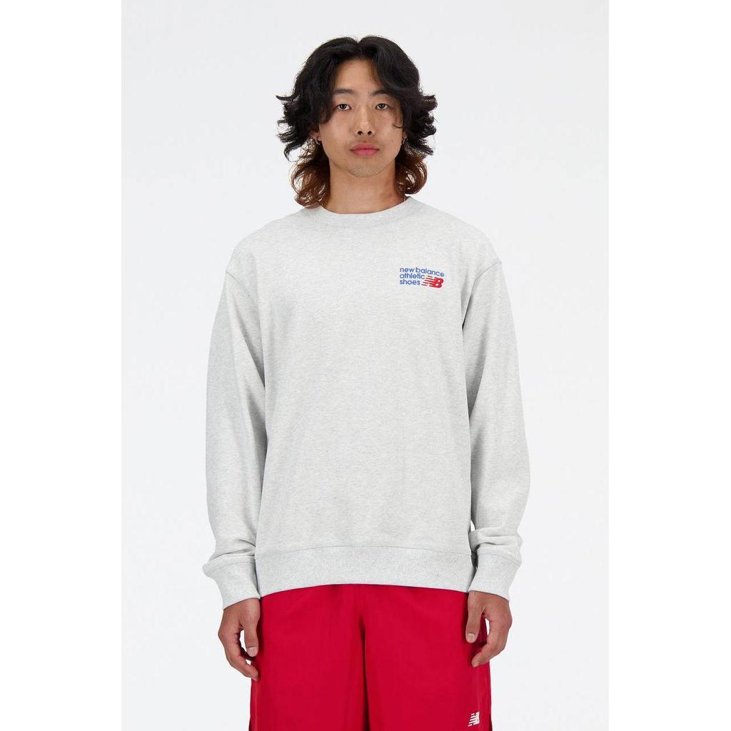 Grijs, blauw en rode heren New Balance sweater met logo dessin, lange mouwen en ronde hals
