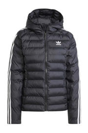 thumbnail: Zwarte dames adidas Originals gewatteerde jas van polyester met logo dessin, lange mouwen, capuchon en ritssluiting