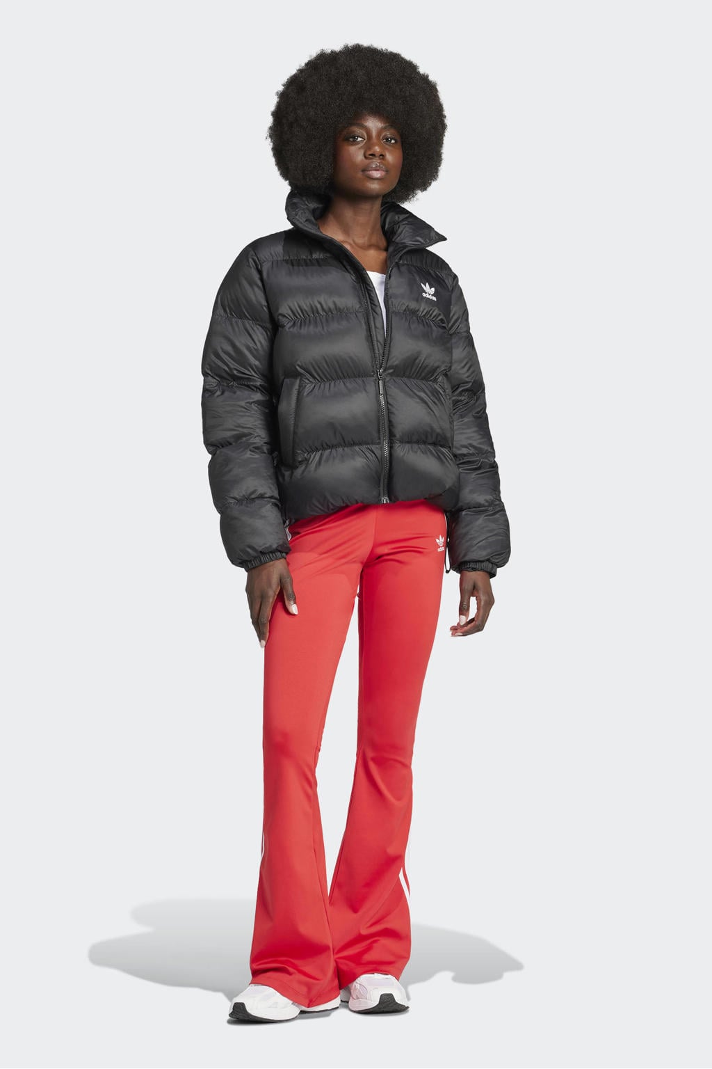 Zwarte dames adidas Originals gewatteerde jas PUFFER van polyester met effen, lange mouwen, capuchon en ritssluiting