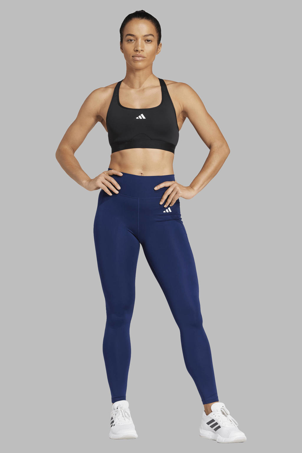 Donkerblauwe dames adidas Performance sportlegging Optimé van polyester met slim fit, high waist en elastische tailleband