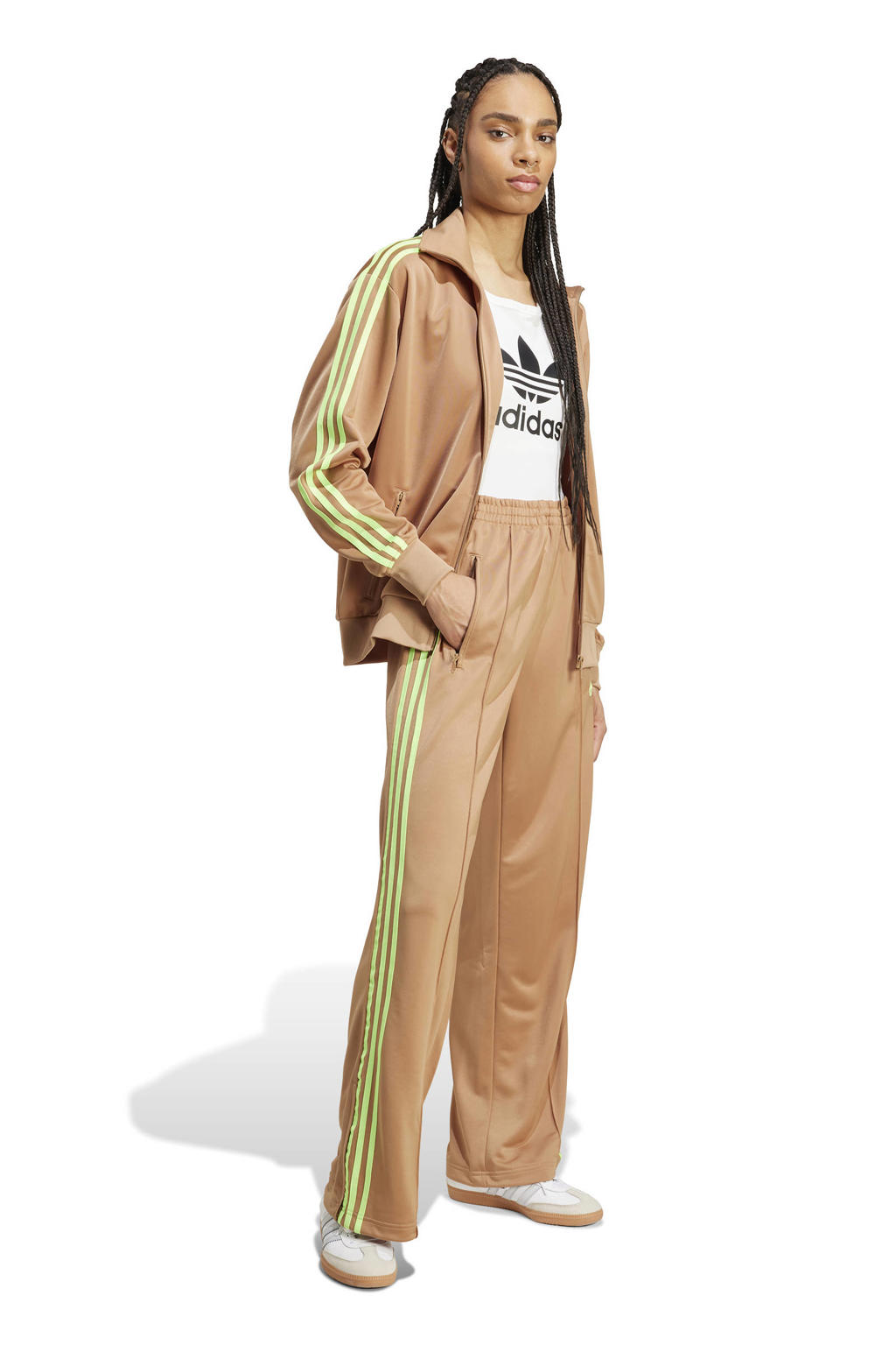 Bruin en gele dames adidas Originals Firebird trainingsbroek Loose van polyester met regular fit, regular waist en effen