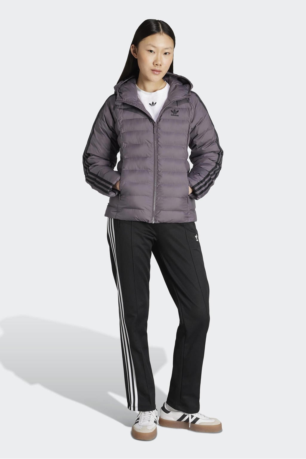 Grijze dames adidas Originals gewatteerde jas van polyester met logo dessin, lange mouwen, capuchon en ritssluiting
