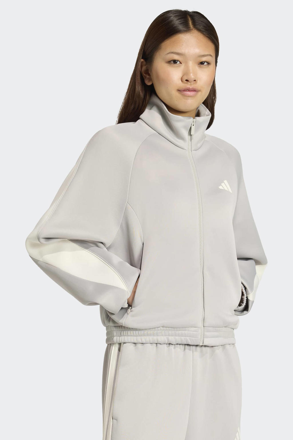 Lichtgrijs en witte dames adidas Sportswear sportvest van polyester met effen, lange mouwen, opstaande kraag en ritssluiting
