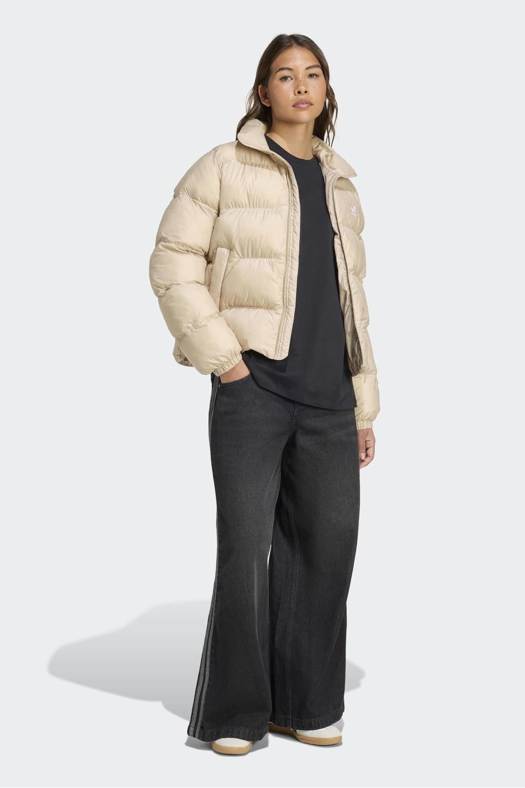 Ecru dames adidas Originals gewatteerde jas PUFFER van polyester met effen, lange mouwen, capuchon en ritssluiting