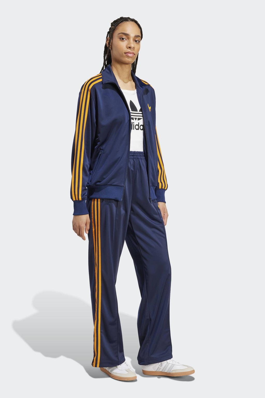 Donkerblauw en oranje dames adidas Originals Firebird trainingsjack van polyester met effen, lange mouwen, opstaande kraag en ritssluiting