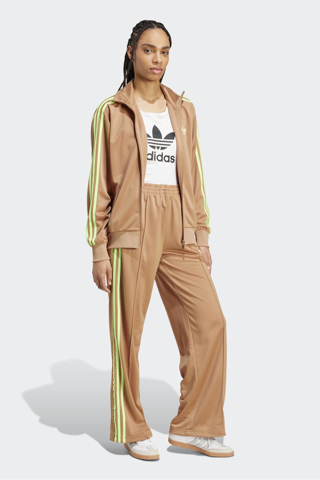 Bruin en gele dames adidas Originals trainingsjack Firebird van polyester met effen, lange mouwen, opstaande kraag en ritssluiting