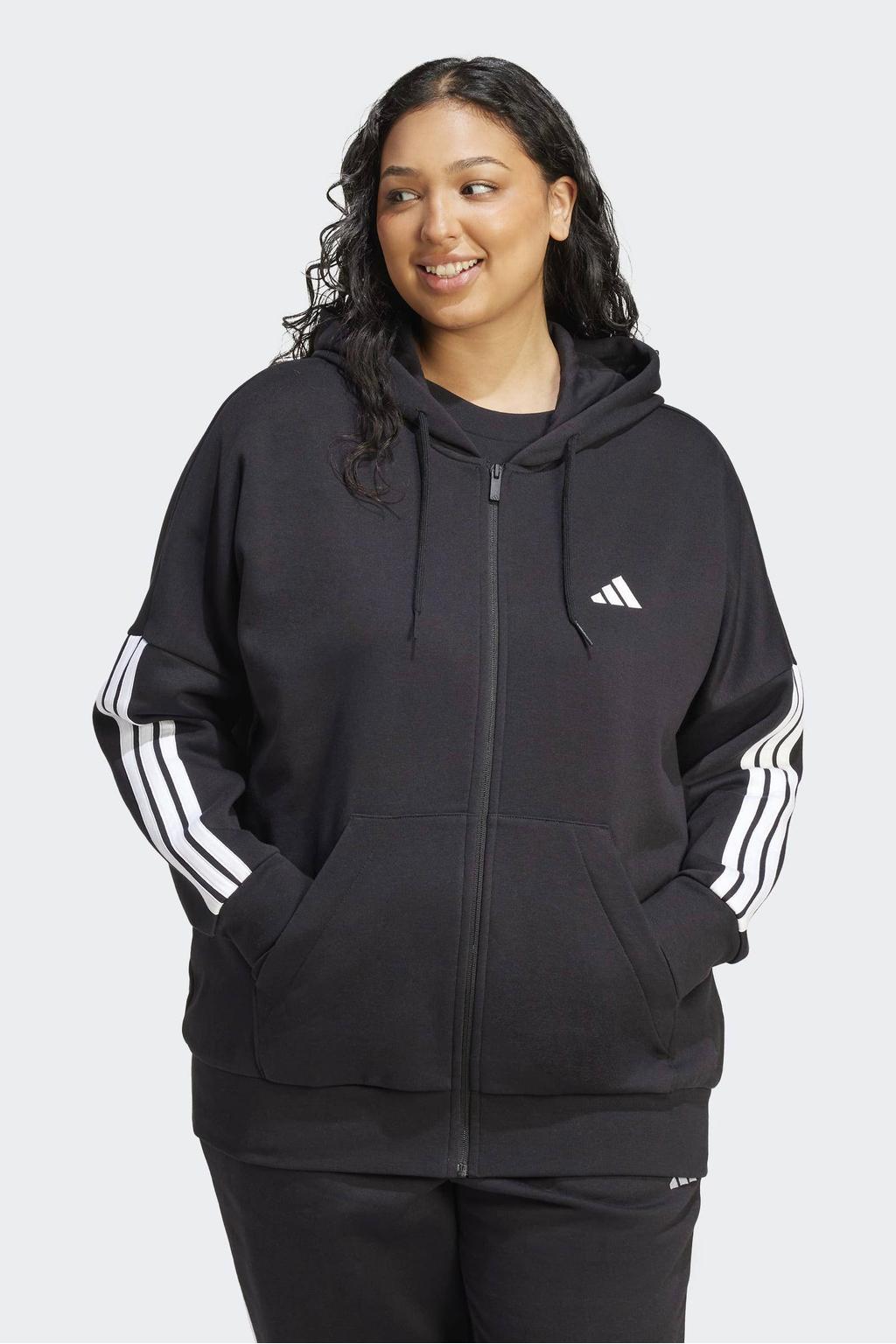 Zwarte dames adidas Sportswear Plus size vest van katoen met effen, lange mouwen, capuchon en ritssluiting