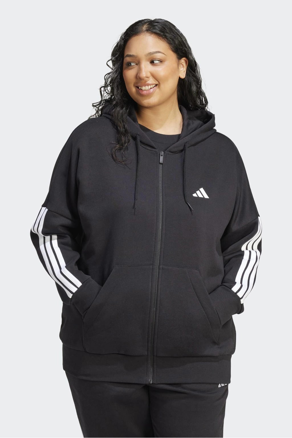 Zwarte dames adidas Sportswear Plus size vest van katoen met effen, lange mouwen, capuchon en ritssluiting
