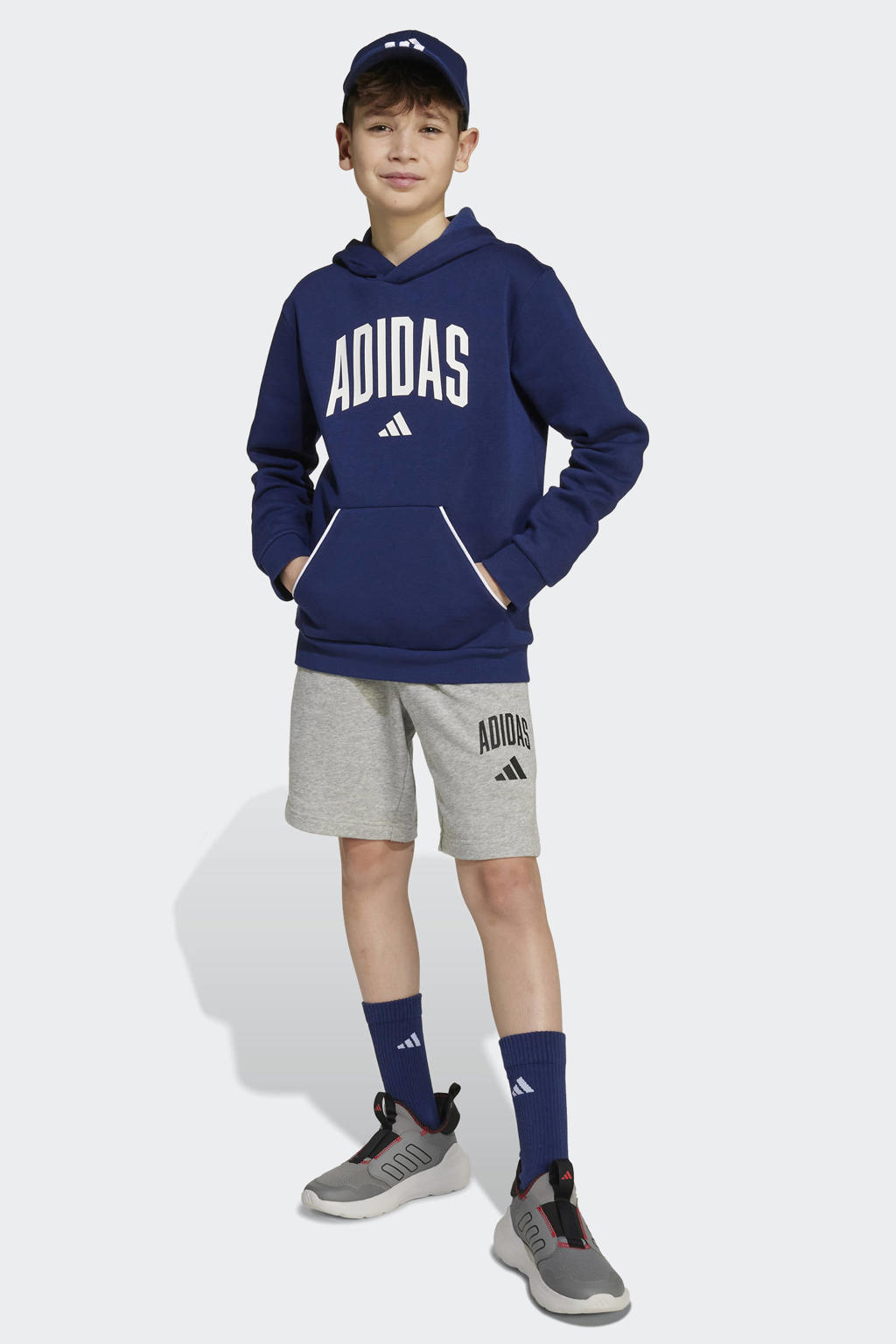 Blauwe jongens en meisjes adidas Sportswear hoodie met printopdruk, lange mouwen en capuchon