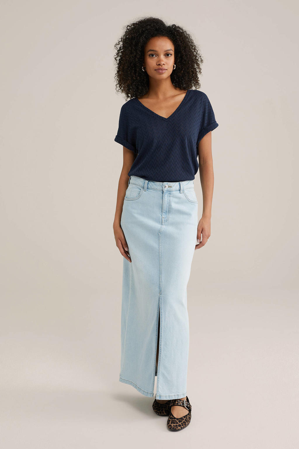 Donkerblauwe dames WE Fashion top van polyester met effen, korte mouwen en V-hals