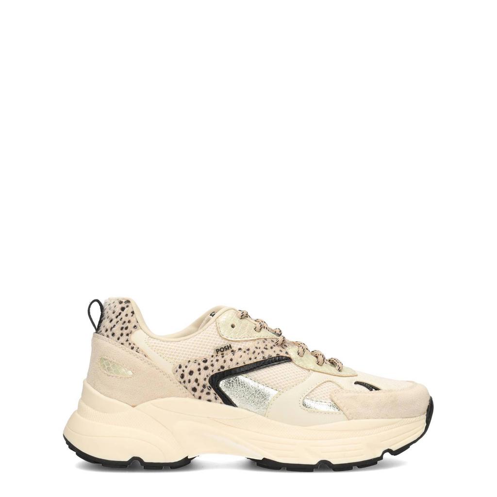 Beige en ecru dames POSH by Poelman Ayoki chunky sneakers van imitatieleer en textiel met veters