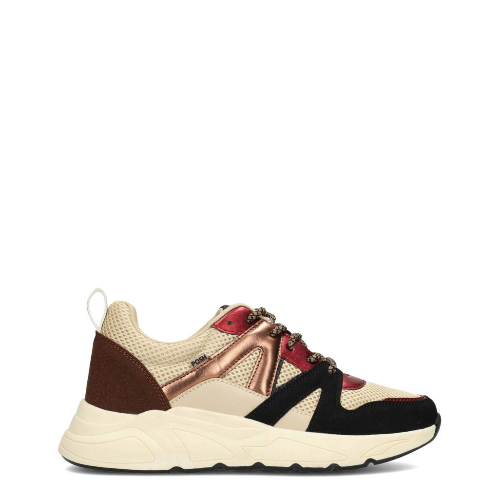 Beige, koper en zwarte dames POSH by Poelman Carocel chunky sneakers van imitatieleer en textiel met veters