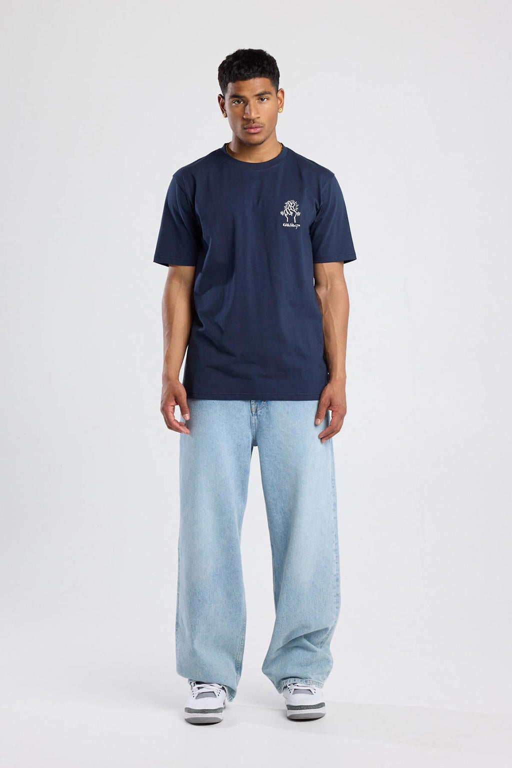 Blauwe heren America Today regular T-shirt van katoen met backprint, korte mouwen en ronde hals