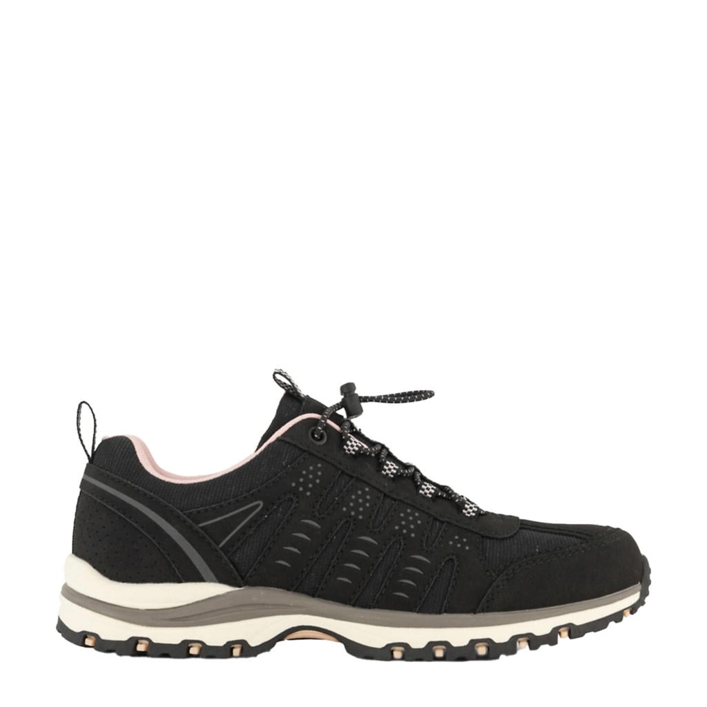 Zwarte dames Landrover wandelschoenen van imitatieleer en textiel met elastische veters