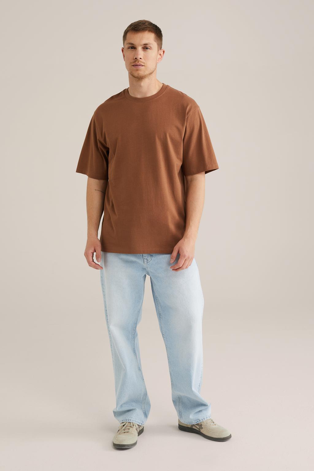 Bruine heren WE Fashion T-shirt van katoen met effen, korte mouwen en ronde hals