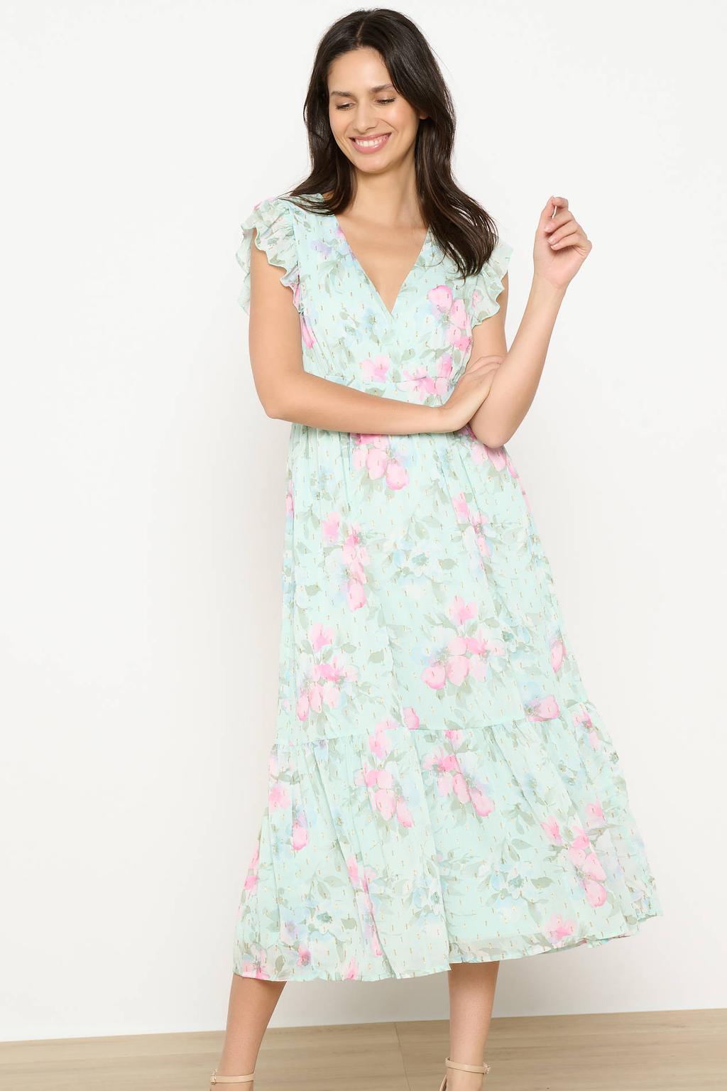 Mintgroen en roze dames LOLALIZA zomerjurk van polyester met bloemenprint, korte mouwen en overslagkraag