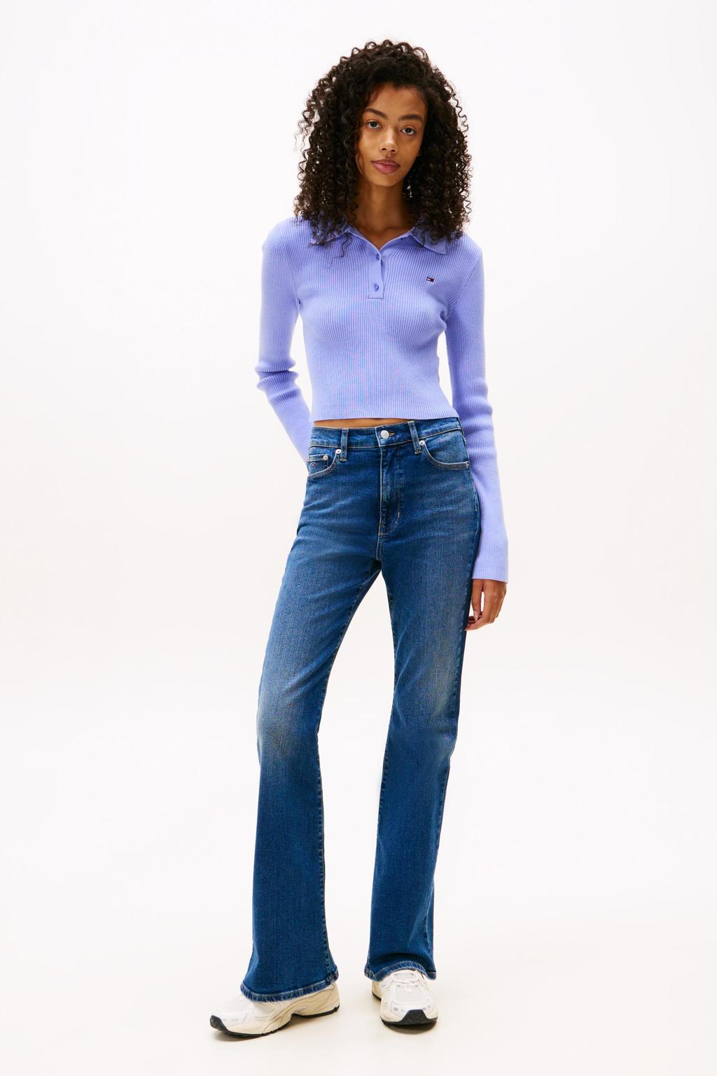 Dark blue denim dames Tommy Jeans high waist flared jeans van denim met rits- en knoopsluiting en effen