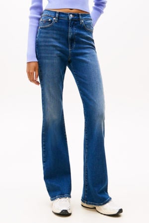 high waist flared jeans dark blue denim
