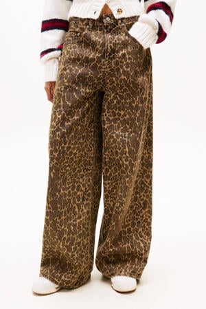 wide leg jeans met panterprint donkerbruin
