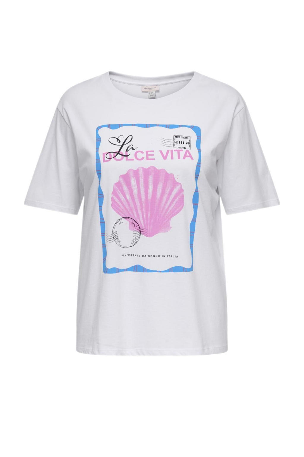 Wit, blauw en roze dames ONLY CARMAKOMA T-shirt van katoen met printopdruk, korte mouwen en ronde hals