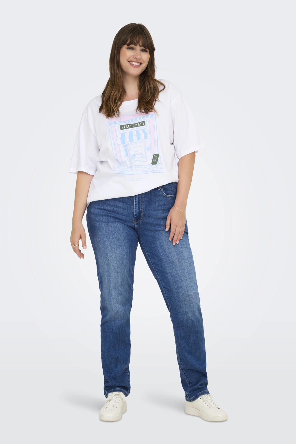 Wit, roze en blauwe dames ONLY CARMAKOMA T-shirt van katoen met printopdruk, korte mouwen en ronde hals