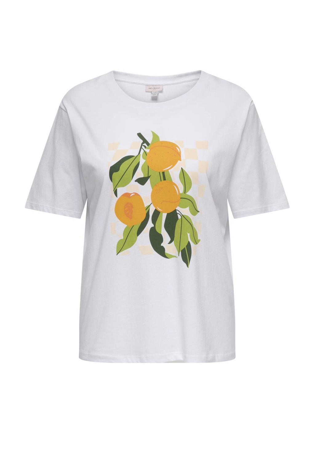 Wit en gele dames ONLY CARMAKOMA T-shirt van katoen met printopdruk, korte mouwen en ronde hals