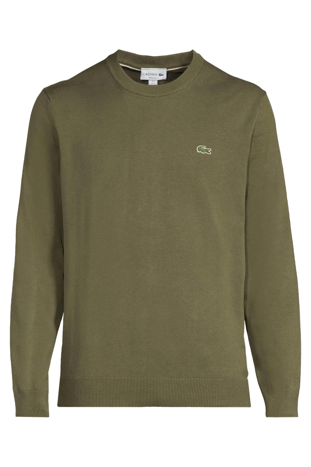 Olijfgroene heren Lacoste pullover fijn gebreid van katoen met effen, lange mouwen en ronde hals