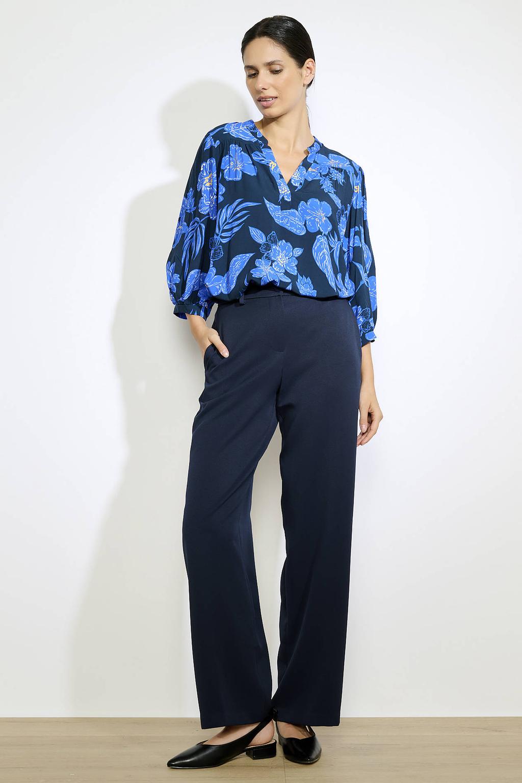 Donkerblauwe dames LOLALIZA wide leg regular waist broek met rits- en knoopsluiting en effen