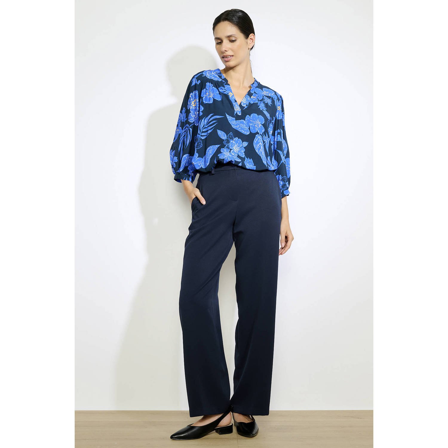 LOLALIZA wide leg regular waist broek donkerblauw