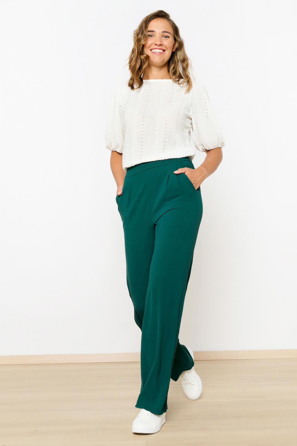 Donkergroene dames LOLALIZA wide leg high waist broek met effen