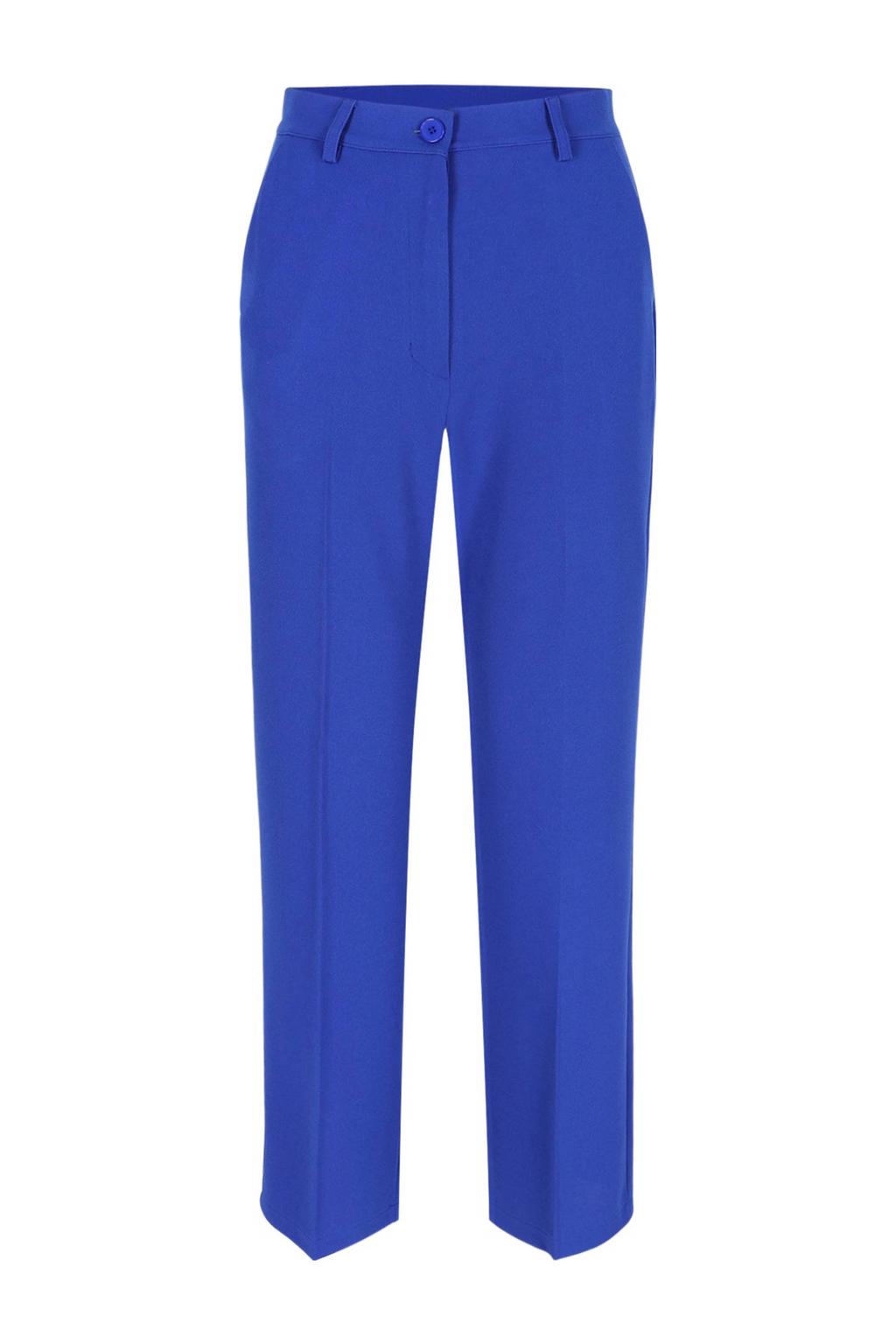 Blauwe dames LOLALIZA straight regular waist pantalon van polyester met rits- en knoopsluiting en effen