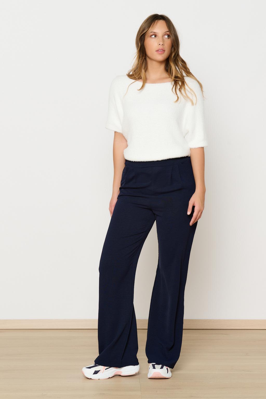 Donkerblauwe dames LOLALIZA wide leg high waist broek met effen