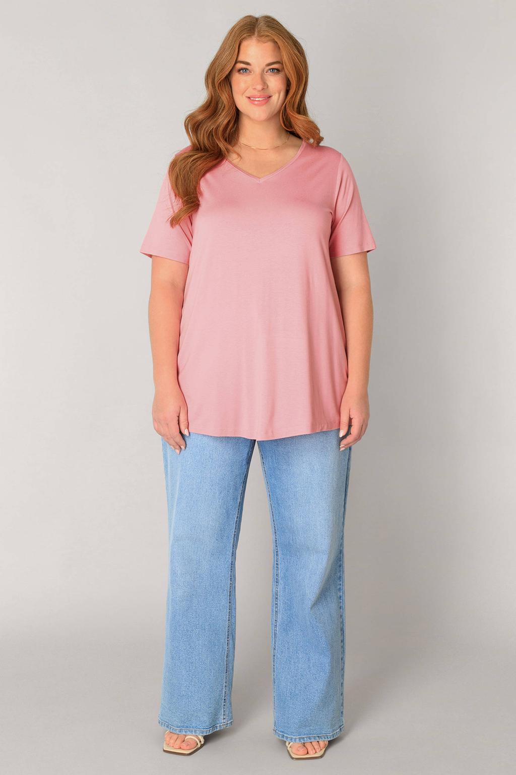 Lichtroze dames Base Level Curvy T-shirt met effen, korte mouwen en V-hals