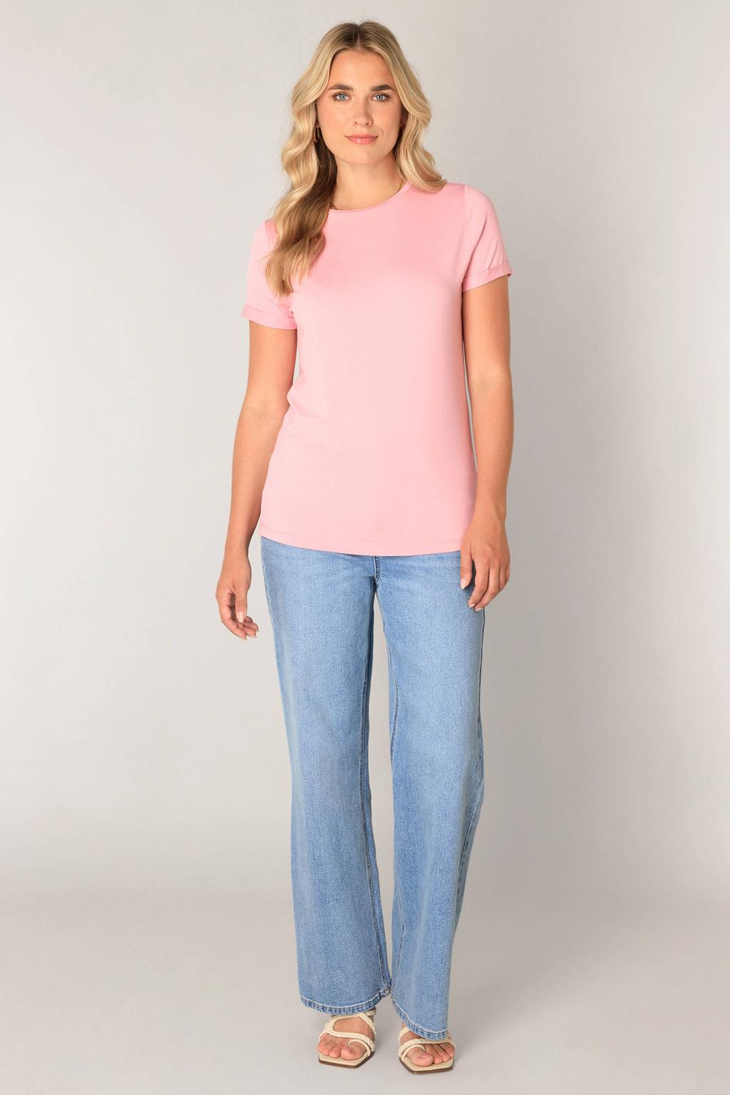 Lichtroze dames Base Level T-shirt met effen, korte mouwen en ronde hals