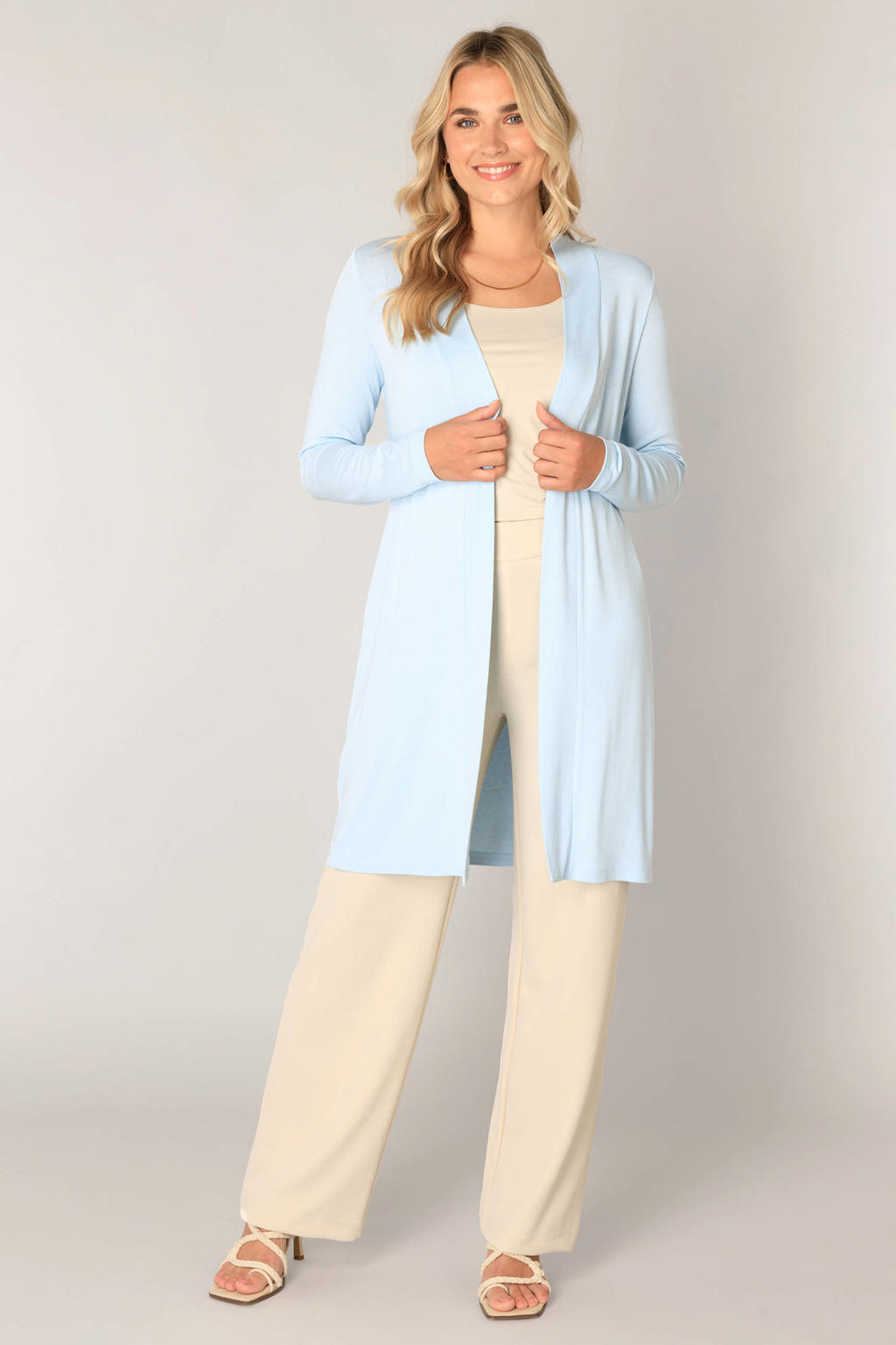Lichtblauwe dames Base Level lang vest met effen, lange mouwen en openvallende hals
