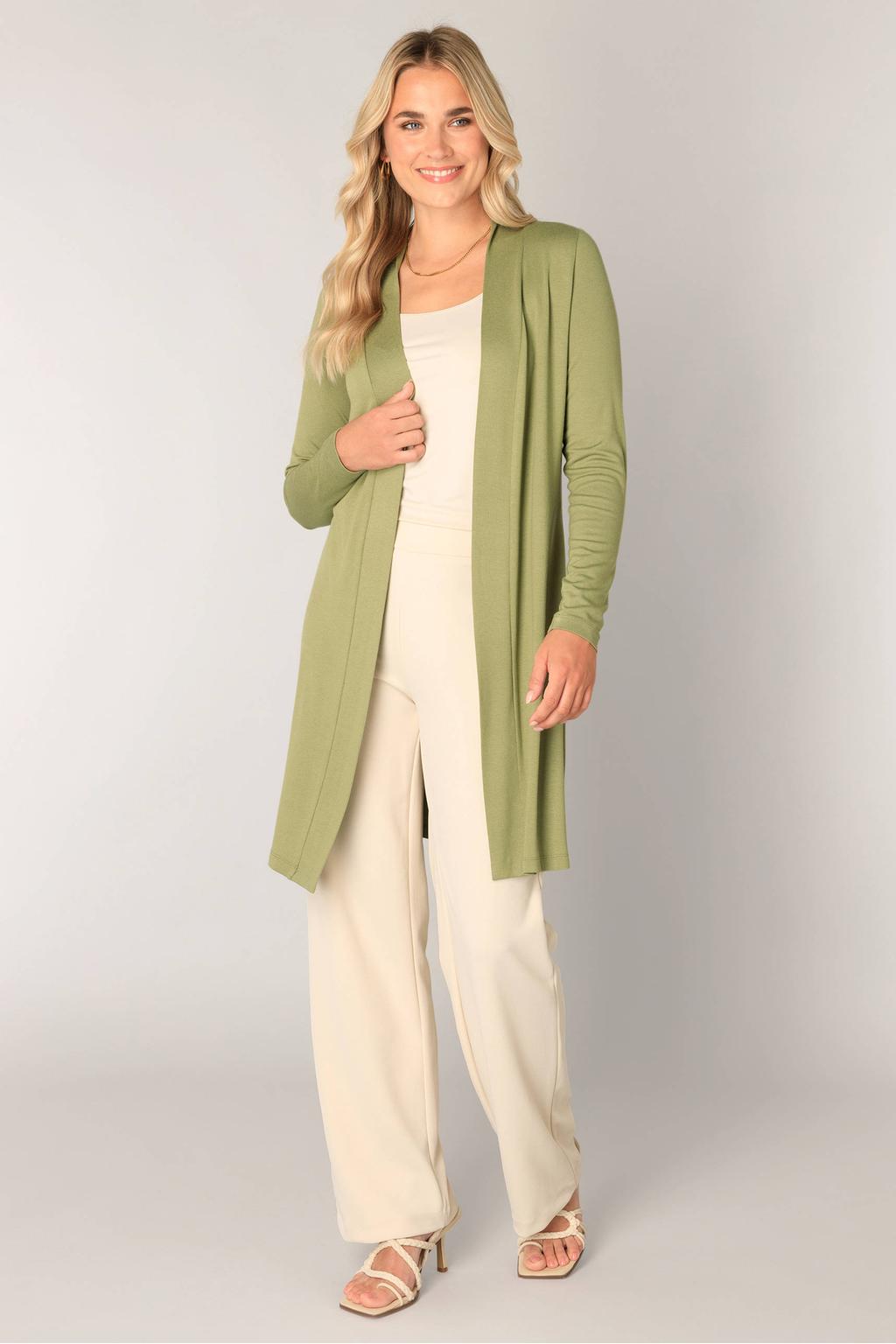Groene dames Base Level lang vest met effen, lange mouwen en openvallende hals