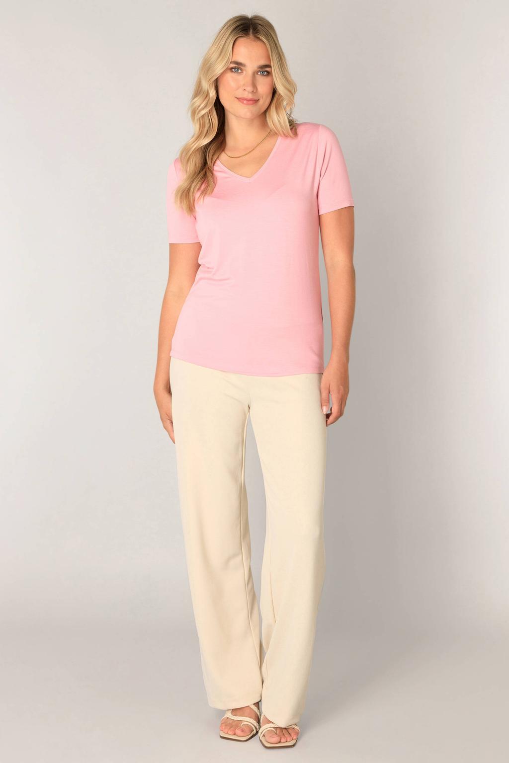 Lichtroze dames Base Level T-shirt met effen, korte mouwen en V-hals