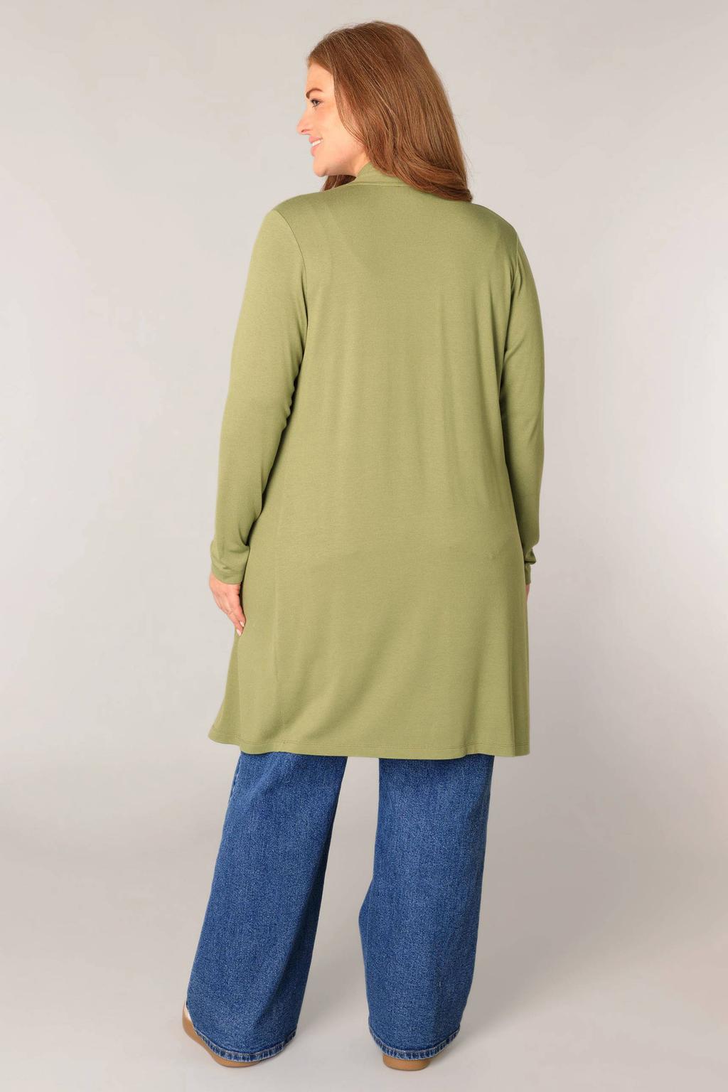 Groene dames Base Level Curvy lang vest fijn gebreid met effen, lange mouwen en openvallende hals