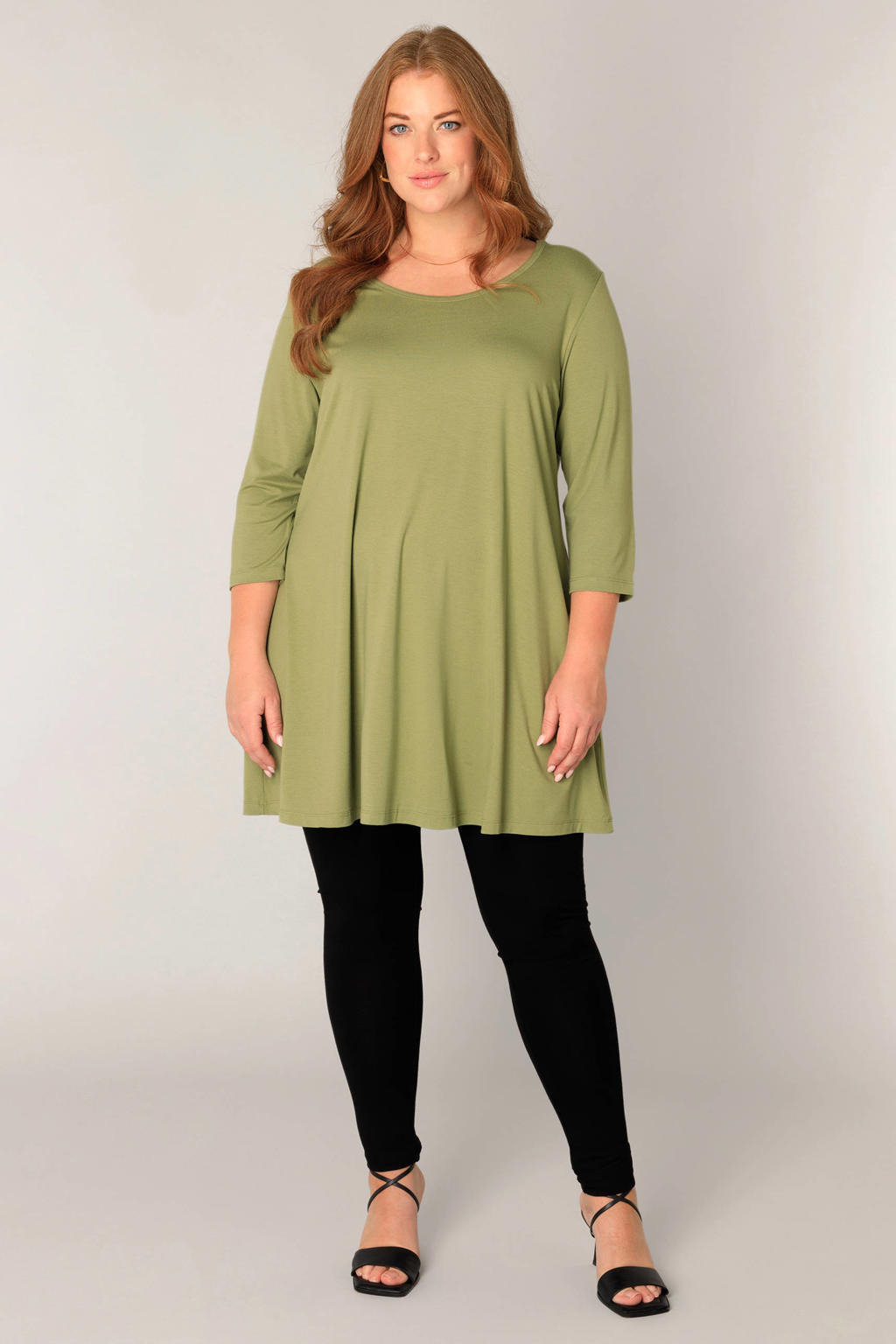Groene dames Base Level Curvy jersey tuniek met effen, driekwart mouwen en ronde hals