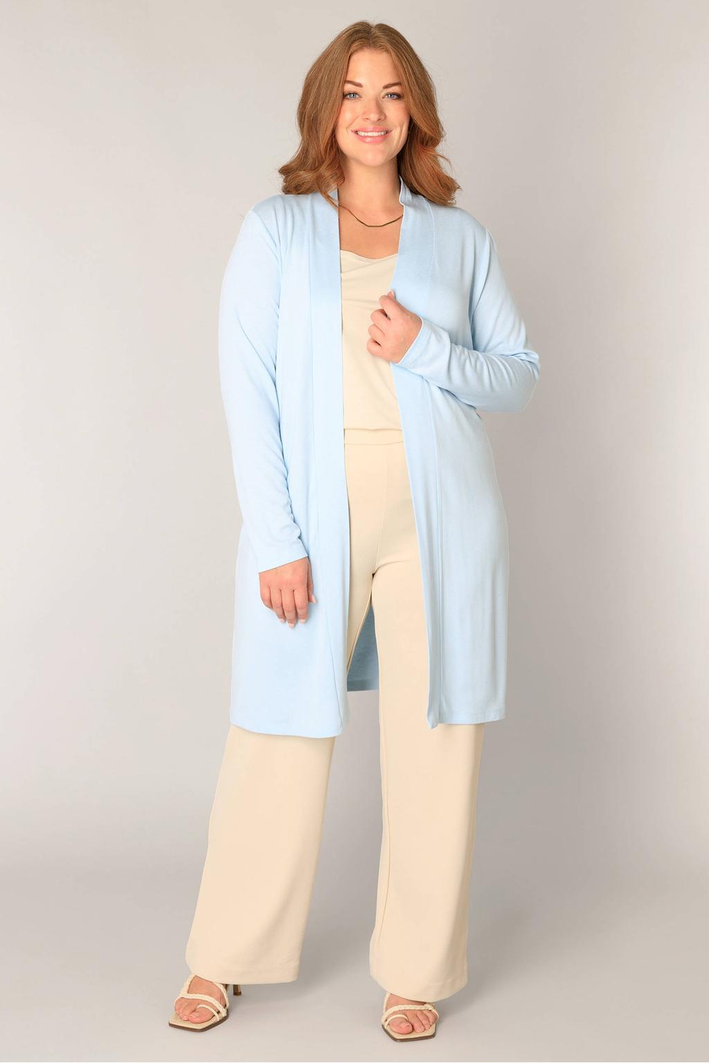 Lichtblauwe dames Base Level Curvy lang vest fijn gebreid met effen, lange mouwen en openvallende hals
