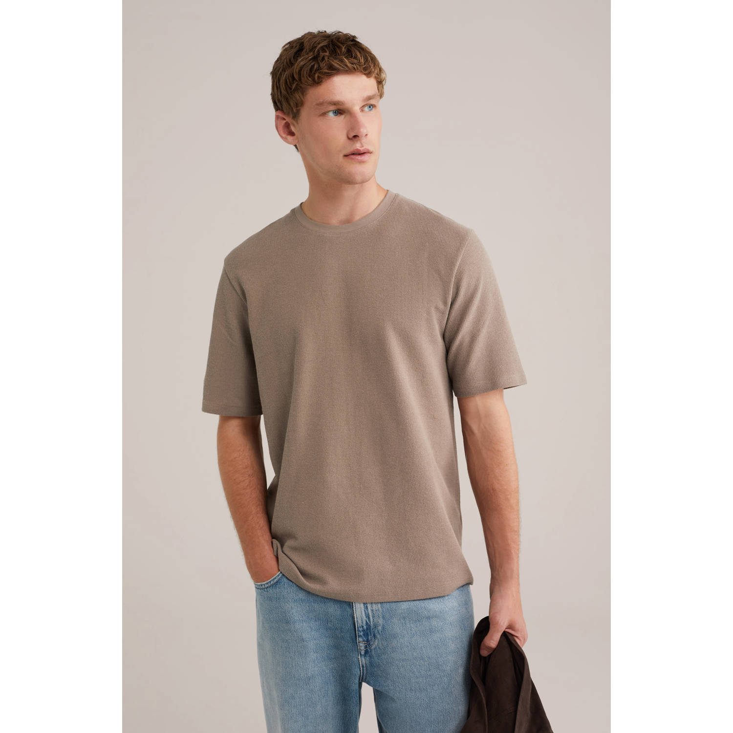 WE Fashion T-shirt met textuur taupe