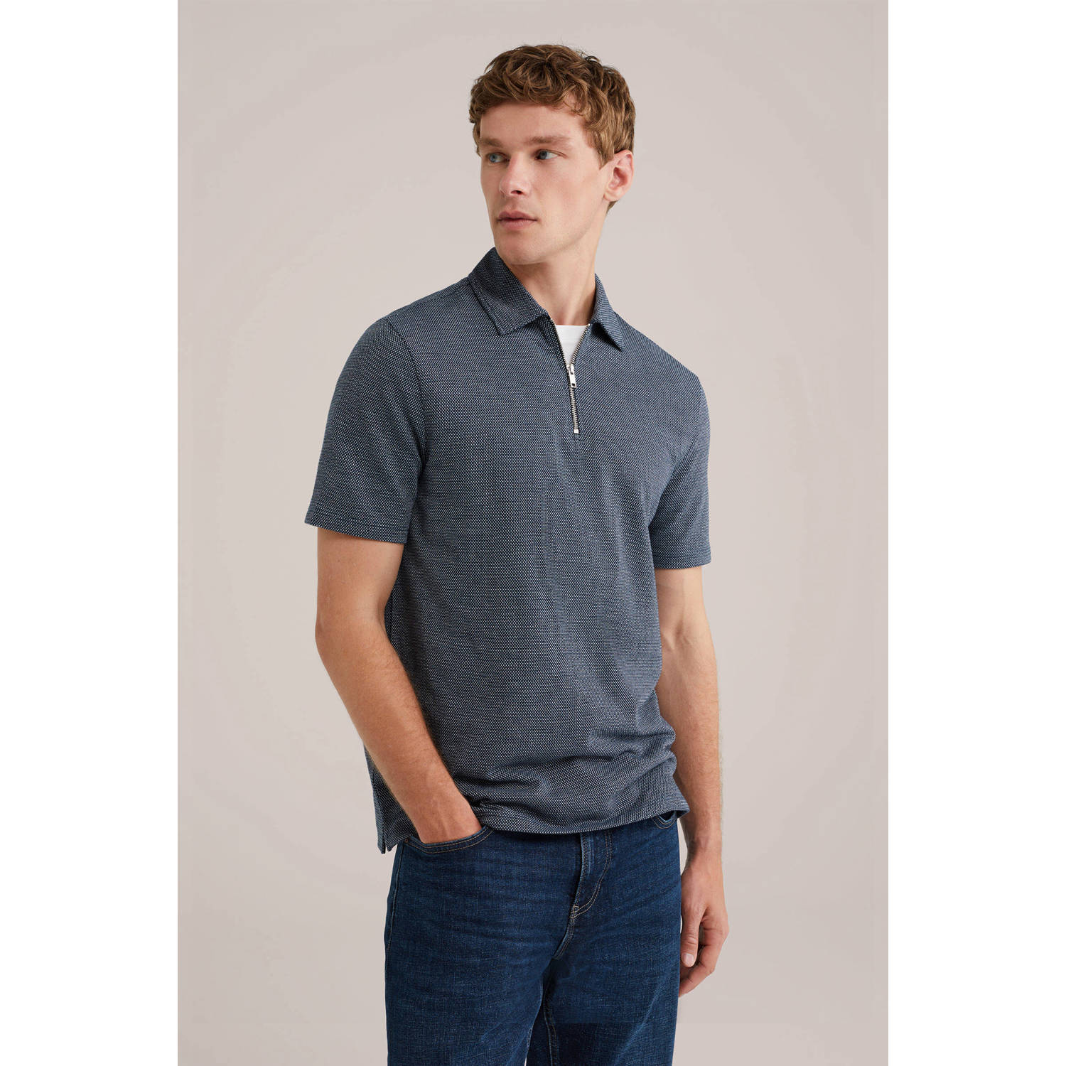 WE Fashion slim polo donkerblauw