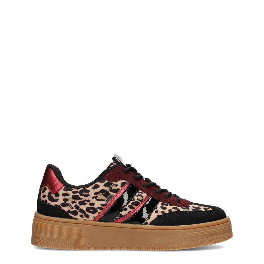 Zwart en beige dames POSH by Poelman Lilly sneakers van textiel met veters en panterprint