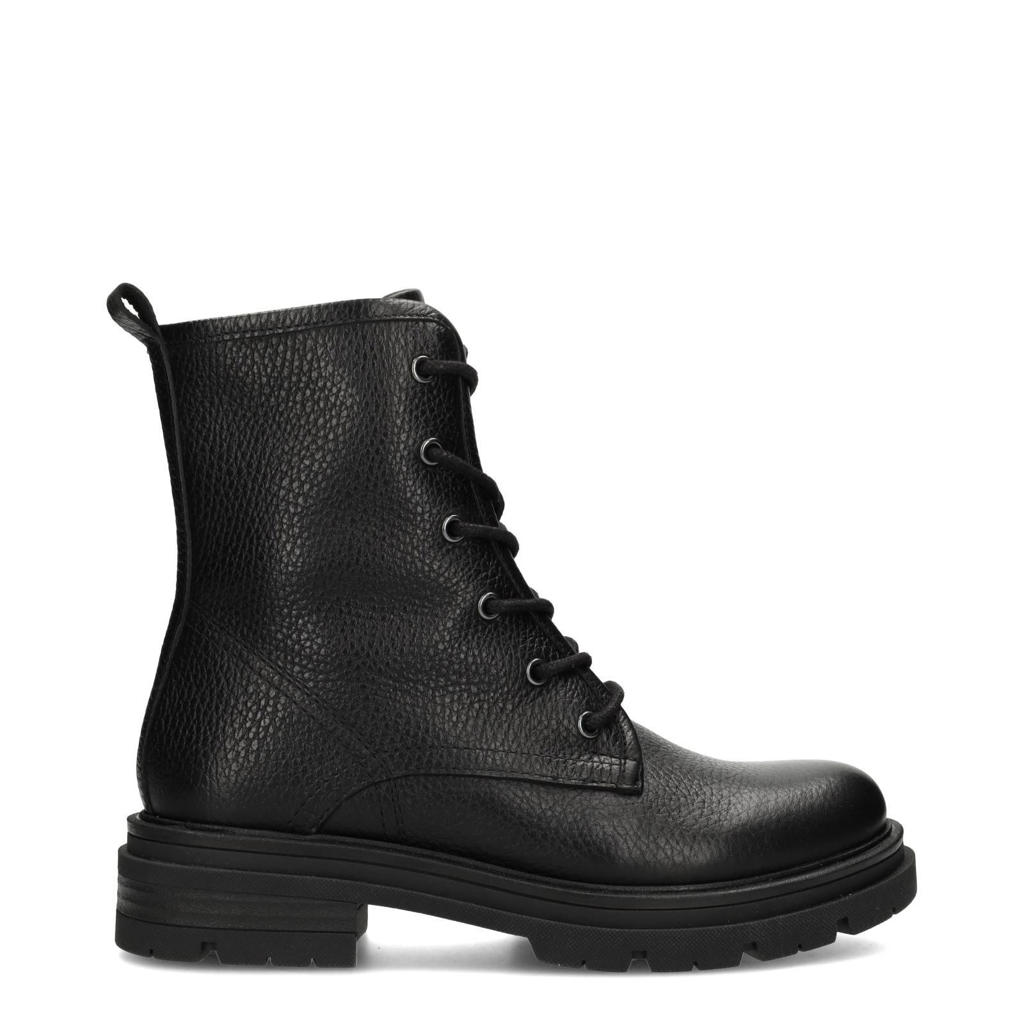 Zwarte dames Poelman Jae leren veterboots met rits- en vetersluiting