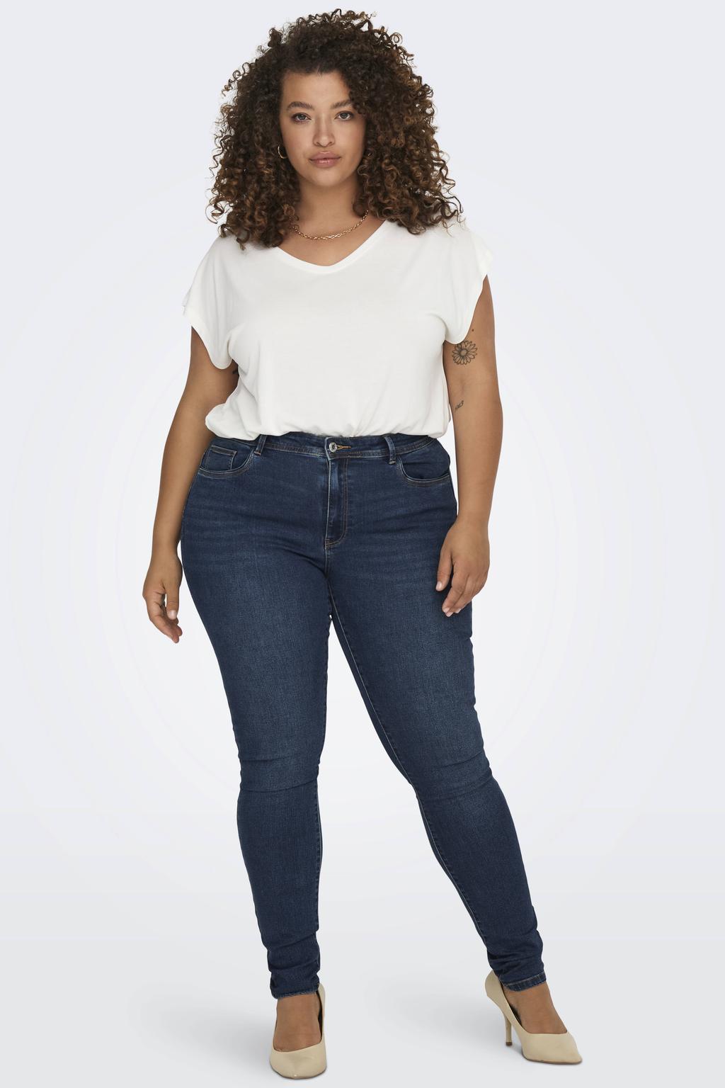 Dark blue denim dames ONLY CARMAKOMA skinny jeans dark blue van denim met rits- en knoopsluiting en effen