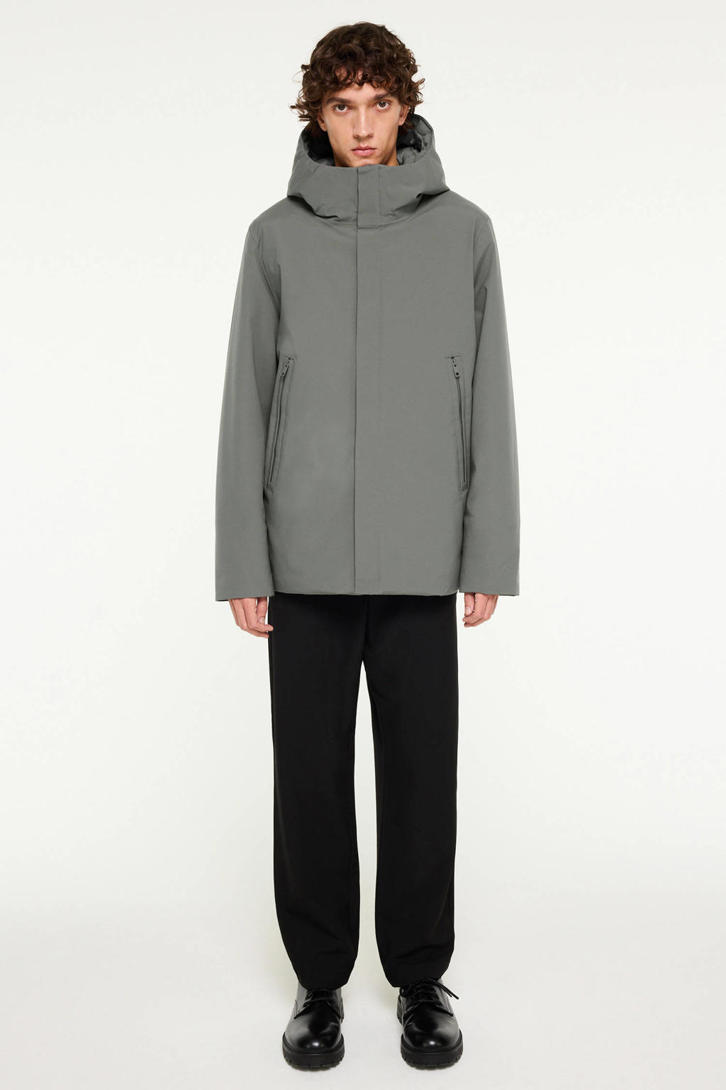 Grijsgroene heren Elvine winterjas groen van polyester met effen, lange mouwen, capuchon en ritssluiting